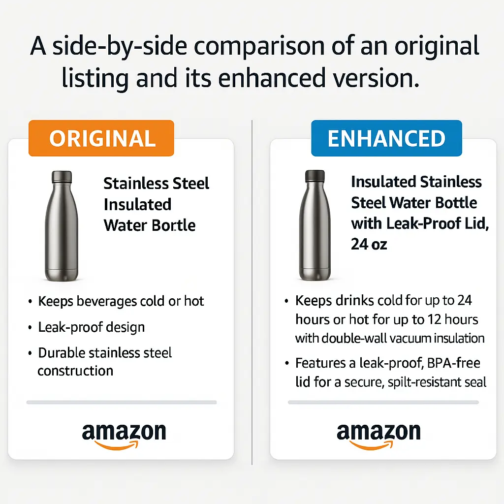 Comparison of water bottle listings "Amazon AI tools for sellers example: generative AI product listings before-and-after comparison with improved title and bullets."