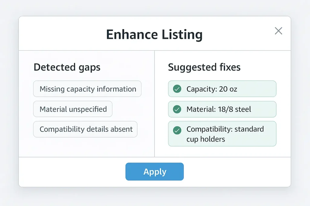 Listing enhancement suggestions displayed.